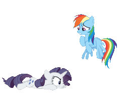 Size: 1201x943 | Tagged: dead source, safe, mean rarity, rainbow dash, rarity, pegasus, pony, unicorn, g4, the mean 6, angry, animated, apng for breezies, clone, female, flying, hoof hold, mare, scared, scaredy dash, simple background, tail, tail pull, transparent background
