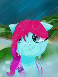 Size: 1536x2048 | Tagged: safe, artist:php176, derpibooru exclusive, jazz hooves, earth pony, pony, g5, bush, cloud, cloudy, crying, cute, digital art, female, floppy ears, flower, fog, forest, hair over one eye, hill, jazzibetes, lineless, lost, mare, path, rain, raincloud, sad, shading, solo, teary eyes, tree, vent art, wet, wet mane, wingding eyes