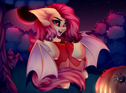 Size: 4500x3324 | Tagged: safe, artist:shinoshai, fluttershy, bat pony, pony, spider, g4, bat ponified, blood moon, flutterbat, halloween, holiday, moon, open mouth, open smile, pumpkin, race swap, red eyes, smiling, solo, stars, tree