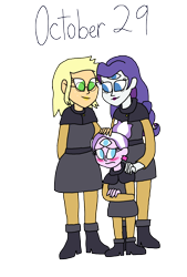 Size: 2500x3692 | Tagged: safe, artist:ktd1993, applejack, diamond tiara, rarity, humanoid, triclops, equestria girls, g4, adopted offspring, alternate hairstyle, boscha, boscha's parents, clothes, clothes swap, female, glasses, high res, lesbian, lips, october, older, older applejack, older rarity, parent:applejack, parent:rarity, parents:rarijack, potions track, school uniform, ship:rarijack, shipping, simple background, the owl house, third eye, transparent background, trio, witch