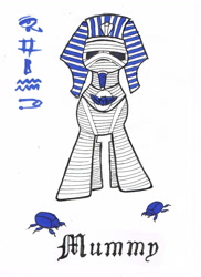 Size: 1154x1587 | Tagged: safe, artist:assertiveshypony, oc, oc only, pony, egyptian, egyptian headdress, egyptian pony, hieroglyphics, mummy, scarab, simple background, traditional art, white background