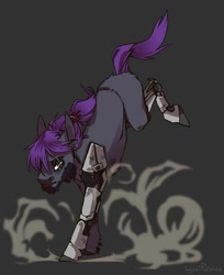 Size: 1046x1280 | Tagged: safe, artist:lynxpainter, oc, oc:vincent, earth pony, pony, amputee, beard, facial hair, male, prosthetic limb, prosthetics, purple hair, running, scar, simple background, smoke, stallion, standing on two hooves
