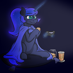 Size: 2000x2000 | Tagged: safe, artist:oldman, princess luna, alicorn, pony, g4, controller, cookie, cushion, drink, food, glowing, glowing horn, high res, horn, ponytail, sketch, solo