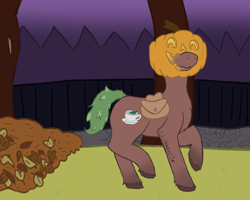 Size: 1280x1024 | Tagged: safe, artist:lil_vampirecj, oc, oc only, oc:matcha brewstar, earth pony, pony, bag, commission, fence, halloween, holiday, jack-o-lantern, leaf pile, pumpkin, saddle bag, scene, solo, tree, walking, ych result