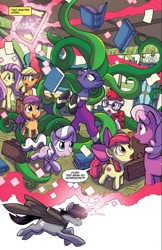 Size: 750x1154 | Tagged: safe, artist:tony fleecs, idw, apple bloom, applejack, cheerilee, diamond tiara, fluttershy, mane-iac, scootaloo, shadow lock, twist, earth pony, pegasus, pony, unicorn, from the shadows, g4, book, classroom, cloak, clothes, comic, comic book, dialogue, female, filly, foal, group, magic, male, mare, no pupils, speech bubble, stallion