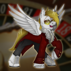Size: 2300x2300 | Tagged: safe, artist:molars, oc, oc:golden stakes, pegasus, pony, boots, clothes, coat, high res, open mouth, raised eyebrow, raised leg, shoes, short mane, smiling, smug, solo, spread wings, sunglasses, unshorn fetlocks, wings