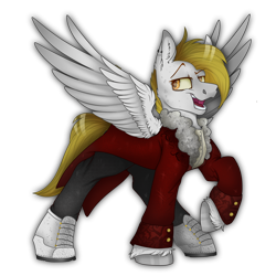 Size: 2300x2300 | Tagged: safe, alternate version, artist:molars, oc, oc only, oc:golden stakes, pegasus, pony, ashes town, fallout equestria, clothes, coat, coattails, commission, high res, piercing, raised hoof, short mane, simple background, spread wings, transparent background, white fur, wings, yellow eyes, yellow mane