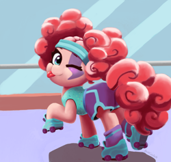 Size: 1900x1800 | Tagged: safe, artist:justgaduh, pinkie pie, earth pony, pony, g4, scare master, clothes, costume, cute, diapinkes, female, mare, nightmare night costume, one eye closed, pinkie puffs, roller skates, solo, tongue out, wink