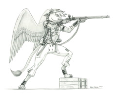 Size: 1500x1158 | Tagged: safe, artist:baron engel, gilda, griffon, anthro, digitigrade anthro, g4, female, flintlock, front knot midriff, gun, midriff, monochrome, musket, pencil drawing, pirate, story included, traditional art, weapon