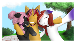 Size: 3330x1900 | Tagged: safe, artist:volpoune, oc, oc only, oc:dolly hooves, pony, unicorn, g5, female, friendship, holiday, picnic, ponysona, present, tree, trio, trio female