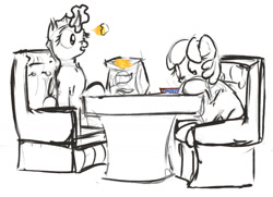 Size: 1500x1088 | Tagged: safe, artist:uteuk, oc, oc only, oc:ivti, oc:natrix capefiv, changeling, earth pony, pony, armchair, chair, chips, duo, eating, female, food, magic, mare, simple background, sitting, snickers, table, telekinesis, white background