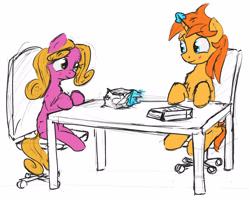 Size: 4080x3272 | Tagged: safe, artist:uteuk, shady, oc, oc:sparkles vernon, earth pony, pony, unicorn, blushing, chair, chips, cute, duo, eating, food, looking at each other, looking at someone, magic, office chair, sitting, table, telekinesis