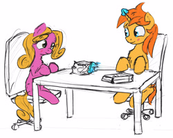 Size: 4080x3272 | Tagged: safe, artist:uteuk, shady, oc, oc:sparkles vernon, earth pony, pony, unicorn, g1, blushing, chair, chips, cute, duo, eating, food, looking at each other, looking at someone, magic, office chair, sitting, table, telekinesis