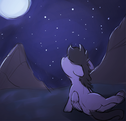 Size: 3173x3048 | Tagged: safe, artist:shaliwolf, oc, unnamed oc, pegasus, pony, floppy ears, folded wings, high res, looking at something, moon, mountain, night, sitting, solo, starry sky, wings