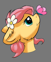 Size: 1024x1241 | Tagged: safe, artist:shaliwolf, fluttershy, butterfly, pegasus, pony, g4, bust, butterfly on nose, female, flower, flower in hair, insect on nose, looking at something, mare, portrait, simple background, solo