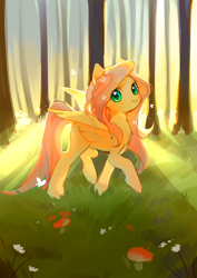 Size: 1024x1448 | Tagged: safe, artist:dreamsugar, fluttershy, butterfly, pegasus, pony, backlighting, cute, female, flower, flower in hair, forest, full body, grass, green eyes, looking at you, mare, mushroom, smiling, smiling at you, solo, spread wings, tail, textless version, walking, wings