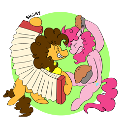 Size: 2000x2000 | Tagged: safe, artist:shiiiny, cheese sandwich, pinkie pie, earth pony, pony, g4, pinkie pride, accordion, clothes, duo, ears back, female, food, green background, grin, high res, male, musical instrument, partial background, pie, ponytober, ship:cheesepie, shipping, shirt, simple background, smiling, straight, transparent background