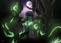 Size: 4093x2894 | Tagged: safe, artist:julunis14, oc, oc only, earth pony, pony, commission, crescent moon, dark magic, earth pony oc, female, forest, glowing, glowing eyes, high res, magic, mare, moon, night, night sky, signature, sky, solo, stars, thorn, vine, walking