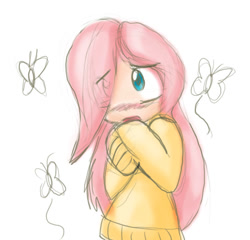 Size: 645x619 | Tagged: safe, artist:zutcha, fluttershy, human, g4, blushing, clothes, female, humanized, simple background, solo, sweater, sweatershy, white background