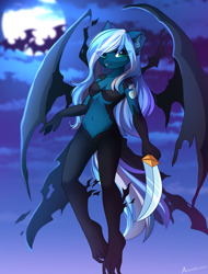 Size: 2061x2717 | Tagged: safe, artist:airiniblock, oc, oc only, oc:vivid tone, anthro, plantigrade anthro, rcf community, alternative cutie mark placement, anthro oc, bat wings, belly button, breasts, cleavage, ear fluff, female, high res, knife, moon, night, reasonably sized breasts, shoulder cutie mark, sky, solo, sword, weapon, wings