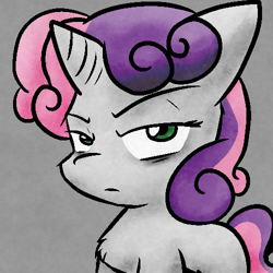 Size: 500x500 | Tagged: safe, artist:zutcha, sweetie belle, pony, unicorn, g4, blank flank, female, grumpy, grumpy belle, simple background, solo