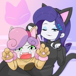 Size: 2000x2000 | Tagged: safe, artist:batipin, rarity, sweetie belle, cat, human, equestria girls, animal costume, belle sisters, cat costume, cat ears, clothes, costume, duo, eye clipping through hair, fangs, female, kitty belle, one eye closed, open mouth, raricat, siblings, sisters, tongue out, wink
