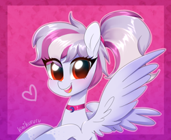 Size: 2436x2000 | Tagged: safe, artist:kaikururu, oc, oc only, oc:windbreaker, pegasus, pony, choker, commission, cute, gradient background, heart, high res, looking at you, ocbetes, open mouth, open smile, pegasus oc, smiling, smiling at you, solo, spread wings, wings