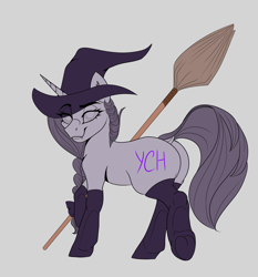 Size: 1400x1500 | Tagged: safe, artist:kiararrr, oc, oc only, pony, unicorn, broom, clothes, commission, halloween, hat, holiday, looking at you, smiling, smiling at you, socks, solo, stockings, thigh highs, underhoof, witch, witch hat, your character here