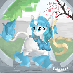 Size: 1000x1000 | Tagged: safe, artist:celedash, kirin, pony, chinese, flower, garden, smiling, sunny day, 灵樨