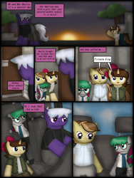 Size: 1750x2333 | Tagged: safe, artist:99999999000, oc, oc only, oc:firearm king, oc:li anna, oc:mar baolin, oc:zhang cathy, earth pony, pegasus, pony, unicorn, comic:journey, car, clothes, comic, door, earth pony oc, female, horn, male, pegasus oc, tree, unicorn oc