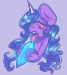 Size: 603x670 | Tagged: safe, artist:kreeeeeez, izzy moonbow, pony, unicorn, g5, bloodshot eyes, colored hooves, colored horn, crystal, female, hoof hold, horn, implied crystal meth, licking, mare, purple background, reddit, simple background, solo, tongue out, unshorn fetlocks