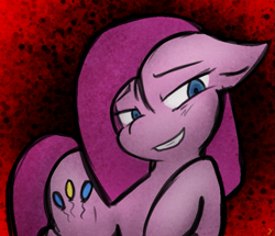 Size: 753x649 | Tagged: safe, artist:zutcha, pinkie pie, earth pony, pony, g4, abstract background, female, no catchlights, open mouth, open smile, pinkamena diane pie, raised leg, smiling, smirk, solo