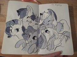 Size: 4000x3000 | Tagged: safe, artist:cutepencilcase, applejack, fluttershy, pinkie pie, rainbow dash, rarity, twilight sparkle, earth pony, pegasus, pony, unicorn, friendship is magic, g4, female, hug, mane six, mare, scene interpretation, snuggling, traditional art