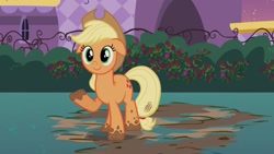 Size: 1920x1080 | Tagged: safe, screencap, applejack, earth pony, pony, g4, season 2, sweet and elite, 1080p, applejack's hat, cowboy hat, cute, female, floppy ears, happy, hat, jackabetes, looking at you, mare, mud, muddy, smiling, solo