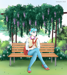 Size: 1616x1794 | Tagged: safe, artist:vinilyart, coco pommel, human, equestria girls, g4, bench, clothes, equestria girls-ified, flower, grass, looking at each other, looking at someone, shoes, sitting, solo, stockings, thigh highs