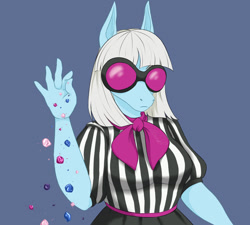 Size: 1280x1151 | Tagged: safe, artist:clouris, photo finish, earth pony, anthro, g4, blue background, clothes, female, mare, meme, salt bae, simple background, solo