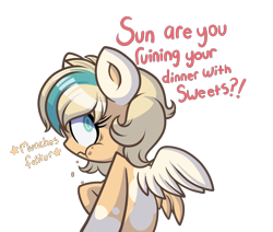 Size: 2288x1942 | Tagged: safe, artist:starlightlore, oc, oc only, oc:sun light, pegasus, pony, chubby cheeks, dialogue, eating, female, guilty, looking back, offscreen character, pegasus oc, raised hoof, simple background, solo focus, talking, transparent background