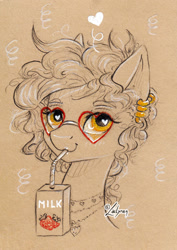 Size: 1024x1444 | Tagged: safe, artist:lailyren, oc, oc only, oc:curly fries, pony, bendy straw, bust, commissioner:hatatitla9, drinking straw, ear piercing, earring, female, floating heart, glasses, heart, heart eyes, heart shaped glasses, jewelry, juice, juice box, looking at you, mare, milk box, partial color, piercing, portrait, sipping, smiling, smiling at you, solo, strawberry milk, traditional art, wingding eyes, yellow eyes