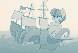 Size: 3999x2748 | Tagged: safe, artist:czu, oc, oc only, oc:lemon drop, monster pony, octopony, original species, pony, boat, commissioner:lemondrop, high res, horizontal pupils, macro, monochrome, onomatopoeia, ship, sketch, species swap, tentacles