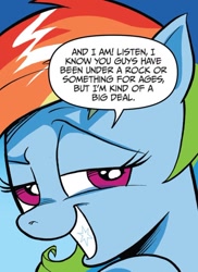 Size: 746x1027 | Tagged: safe, artist:andypriceart, idw, rainbow dash, pegasus, pony, g4, spoiler:comicannual2017, spoiler:guardians of harmony, bust, dialogue, faic, female, grin, mare, portrait, smiling, smug, smugdash, solo, speech bubble