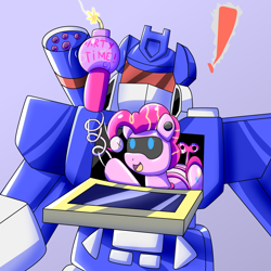 Size: 2000x2000 | Tagged: safe, artist:trackheadtherobopony, pinkie pie, pony, robot, robot pony, g4, bomb, crossover, exclamation point, high res, pinkie bot, roboticization, soundwave, surprised, transformers, weapon