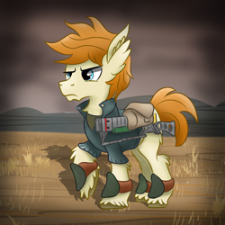 Size: 1000x1000 | Tagged: safe, artist:pizzamovies, oc, oc only, oc:pizzamovies, earth pony, pony, fallout equestria, armor, bag, chest fluff, clothes, ear fluff, laser rifle, male, saddle bag, solo, stallion, unshorn fetlocks, wasteland