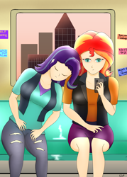 Size: 2368x3300 | Tagged: safe, artist:film77asq, starlight glimmer, sunset shimmer, human, equestria girls, g4, bench, cellphone, city, clothes, duo, female, high res, human coloration, phone, seat, sitting, sleeping, smartphone, text, train