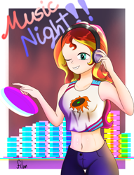 Size: 2506x3278 | Tagged: safe, artist:film77asq, sunset shimmer, human, g4, clothes, female, high res, humanized, midriff, music, shirt, solo