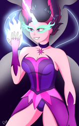 Size: 2500x3958 | Tagged: safe, alternate version, artist:film77asq, sci-twi, twilight sparkle, human, equestria girls, g4, bare shoulders, breasts, clothes, female, glowing hands, grin, high res, magic, midnight sparkle, panties, sleeveless, smiling, solo, strapless, underwear