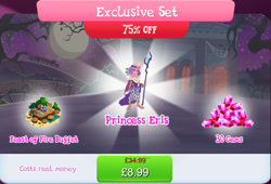 Size: 1271x864 | Tagged: safe, gameloft, idw, princess eris, sarimanok, g4, antagonist, bracelet, bundle, bush, costs real money, english, exclusive set, female, gem, idw showified, jewelry, numbers, plate, sale, solo, staff, staff of sacanas, text, tree, wings