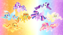 Size: 4000x2250 | Tagged: safe, artist:orin331, applejack, fluttershy, pinkie pie, rainbow dash, rarity, starlight glimmer, sunset shimmer, twilight sparkle, alicorn, earth pony, pegasus, pony, unicorn, g4, alicornified, alternate mane seven, floating, gradient background, looking at each other, looking at someone, looking at you, magic, mane six, race swap, rainbow power, rainbow power-ified, redesign, shimmercorn, twilight sparkle (alicorn)