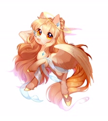 Size: 2373x2663 | Tagged: safe, artist:dreamsugar, oc, oc only, oc:dreamsugar, pegasus, pony, beige coat, blonde mane, blonde tail, chest fluff, colored hooves, colored wings, commission result, female, flying, full body, halo, jewelry, looking at you, mare, monocle, open mouth, open smile, pegasus oc, simple background, smiling, smiling at you, solo, spread wings, starry eyes, tail, two toned wings, unshorn fetlocks, white background, wingding eyes, wings, yellow eyes