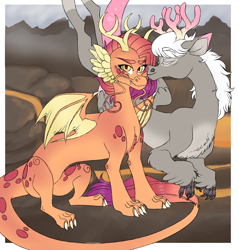 Size: 1913x2000 | Tagged: safe, artist:dozyarts, oc, oc only, oc:babble, oc:wick, draconequus, dragon, offspring, parent:smolder