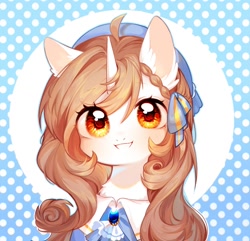 Size: 800x771 | Tagged: safe, artist:dreamsugar, oc, oc only, pony, unicorn, ahoge, brown mane, chest fluff, clothes, ear fluff, eye clipping through hair, female, golden eyes, hair ribbon, happy, horn, looking at you, mare, polka dot background, ribbon, smiling, smiling at you, solo, unicorn oc, white coat